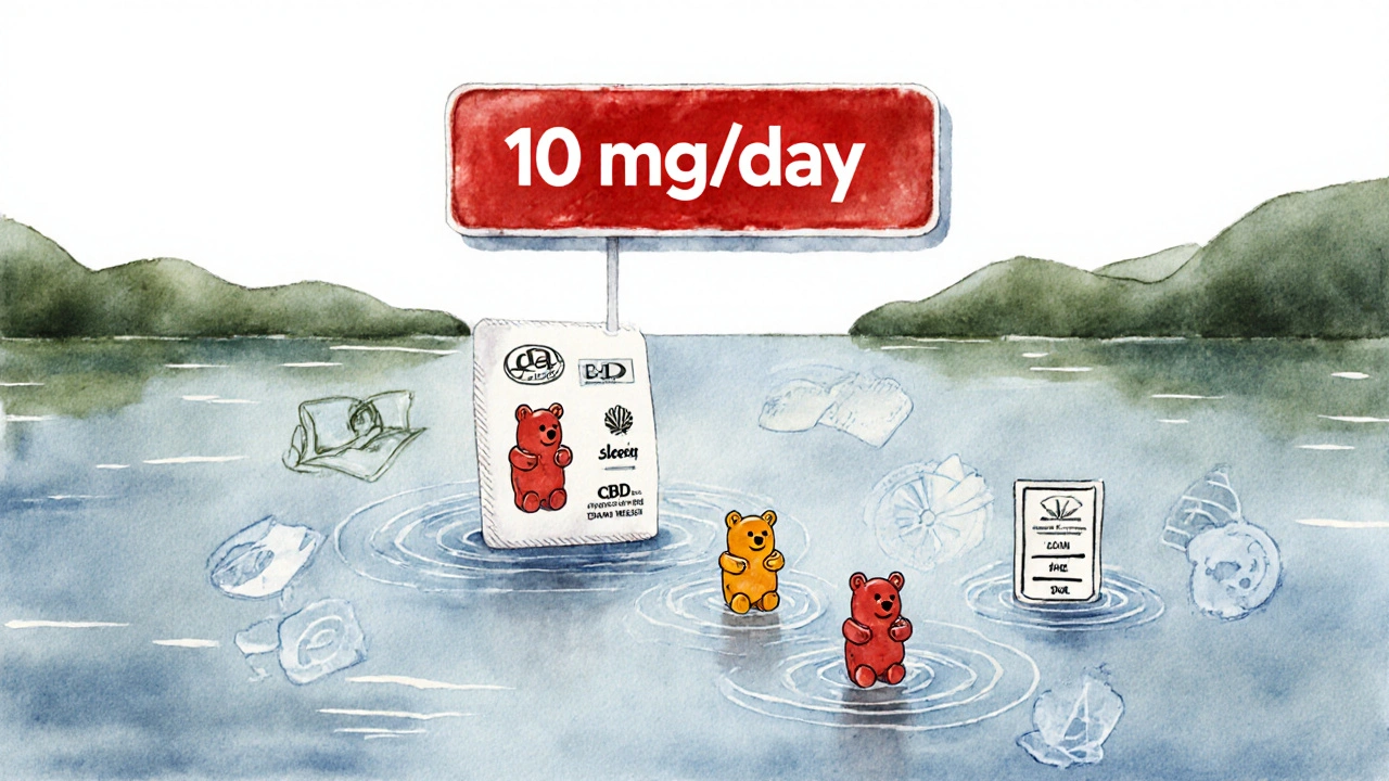 500 mg CBD verteilt auf 50 Gummibärchen, die in einem Fluss der Zeit schweben, symbolisch für tägliche Dosis.