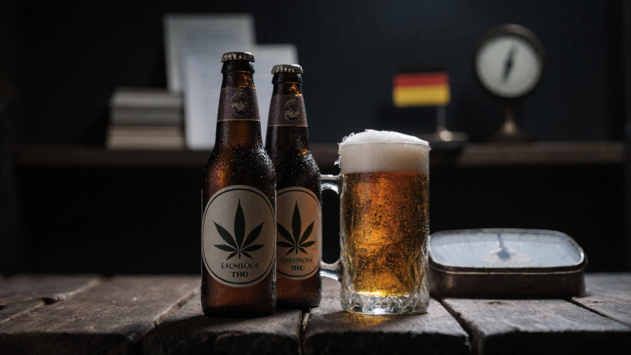 Abgefüllte Cannabis‑Bierflaschen auf Holz, Beschriftung der THC‑Dosis, rechtliche Unterlagen im Hintergrund.