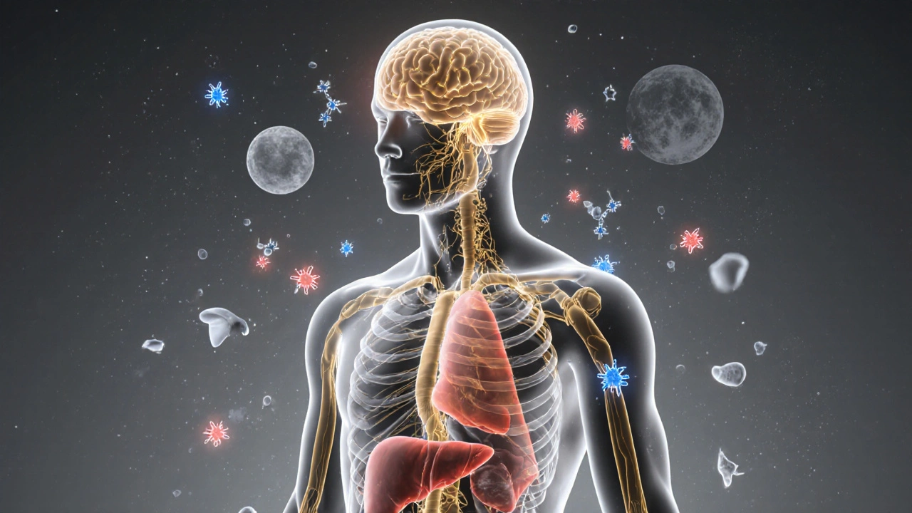 Abstrakte Darstellung des Endocannabinoïd-Systems mit CBD-Molekülen, die Körperprozesse unterstützen.