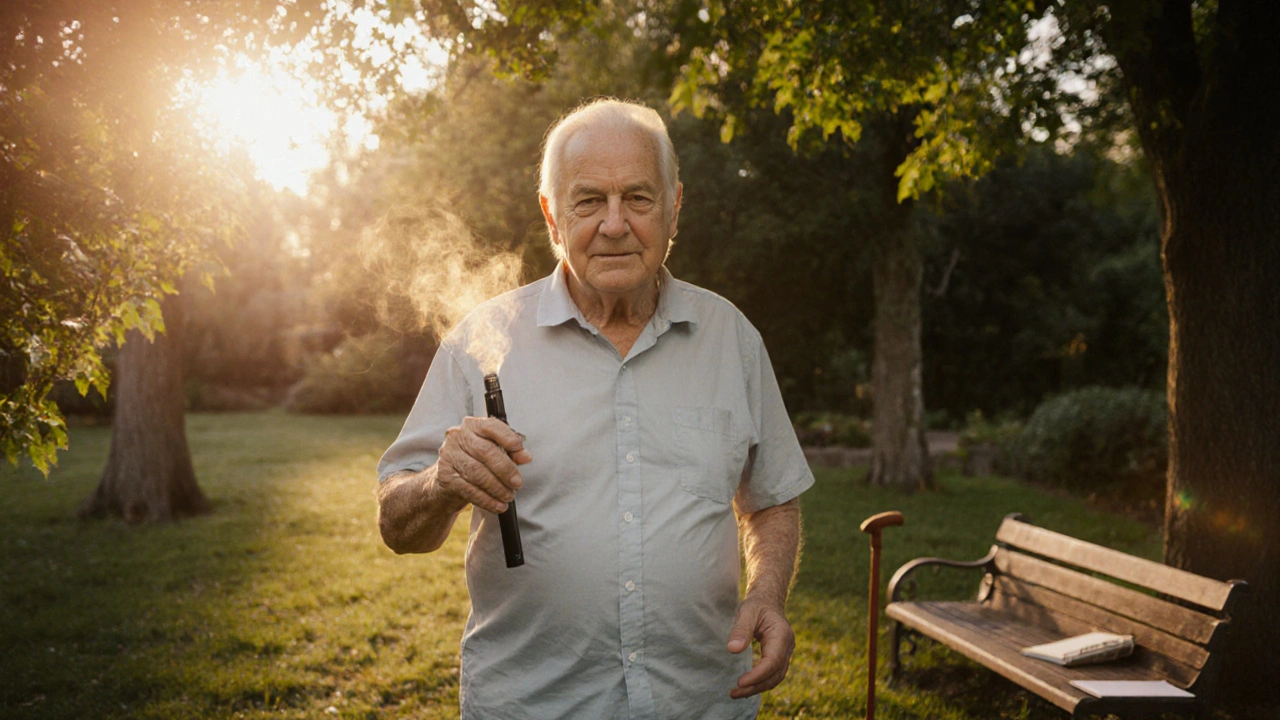 Älterer Mensch spaziert friedlich im Garten bei Sonnenaufgang, hält eine Delta-8-Cartridge in der Hand.
