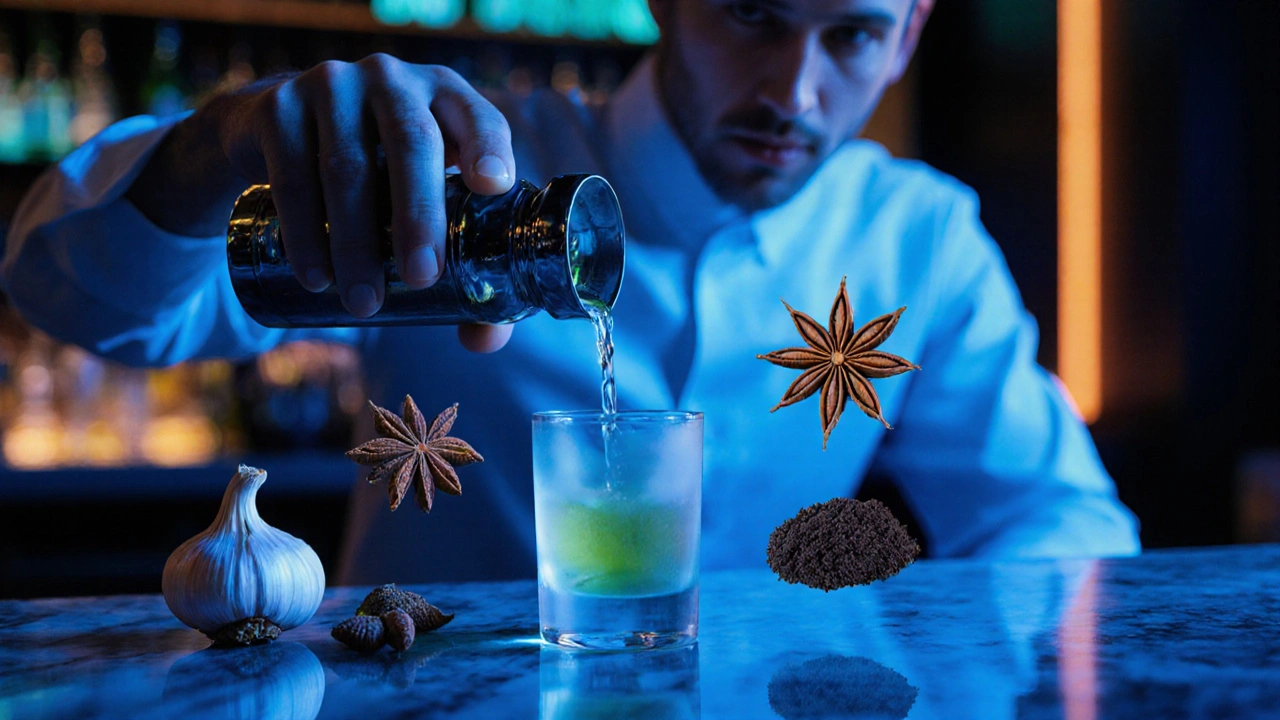 Amerikanischer Barkeeper probiert Absinth, Gedanken an Knoblauch, Anis und Erde.