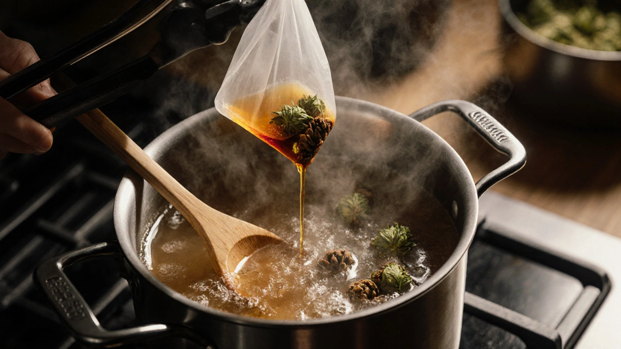 Braukessel auf dem Herd, dampfendes Bier, Hopfen und Cannabis‑Extrakt werden eingemischt.