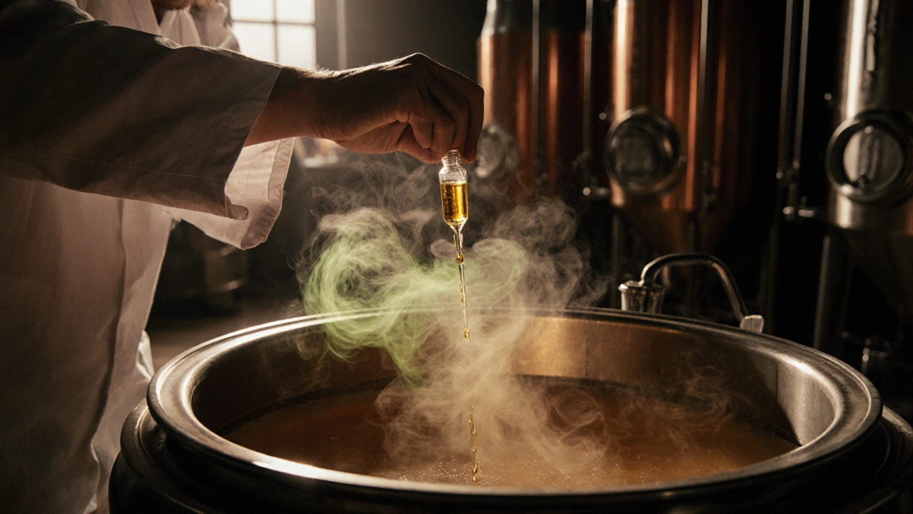 Brauer gießt goldenen Cannabis‑Extrakt in einen Fermentationstank, Terpen‑Dämpfe wirbeln.