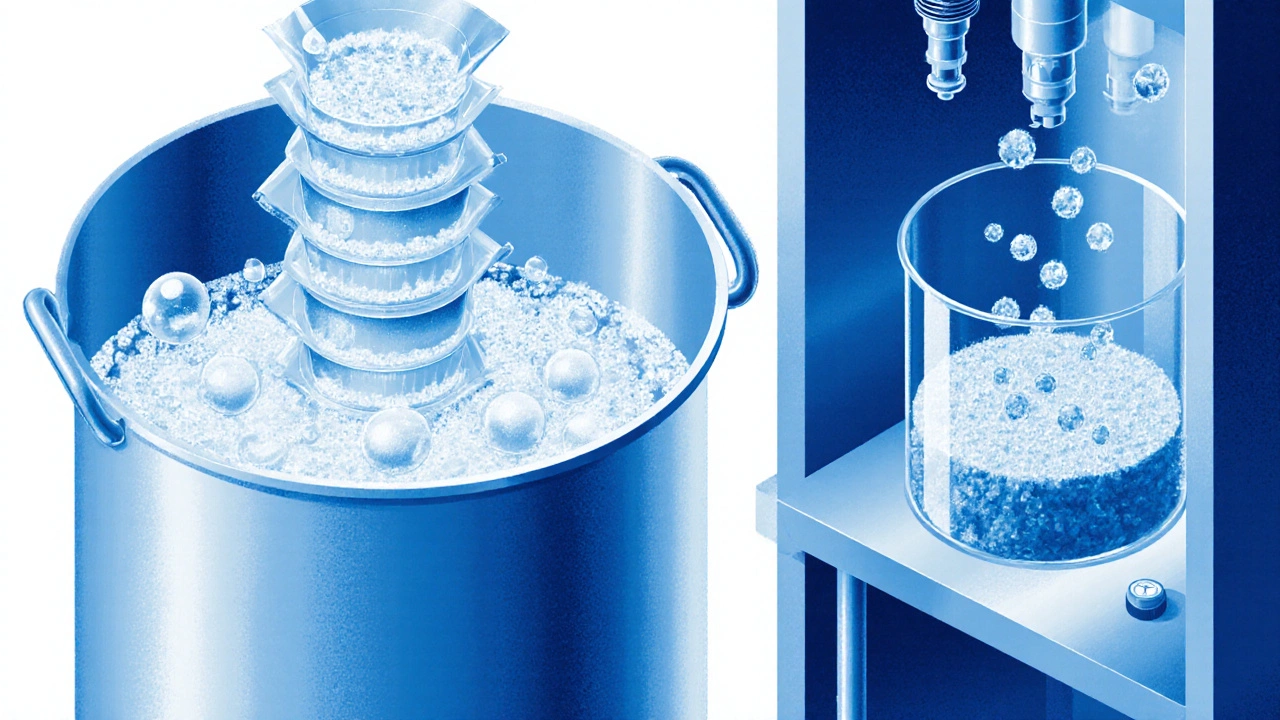 Darstellung einer Eis‑Wasser‑Extraktion, bei der Trichome durch Filtertaschen in einem kalten Bad gesammelt werden.