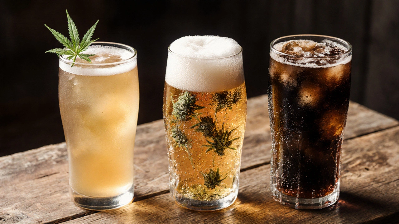 Drei Gläser nebeneinander: Hanf‑Drink, Cannabis‑Bier und Cola.