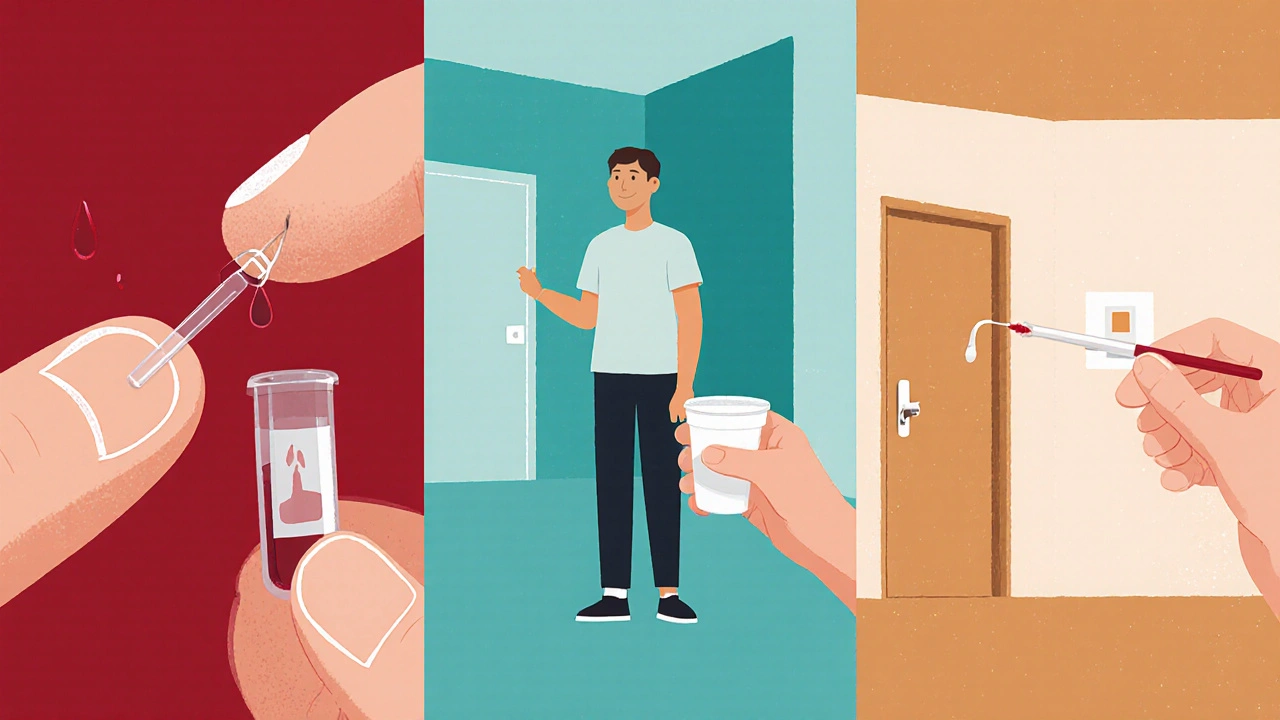 Drei Szenen: Blut‑Fingerabdruck, Urinprobe, Mundabstrich, unterschiedliche Farben.