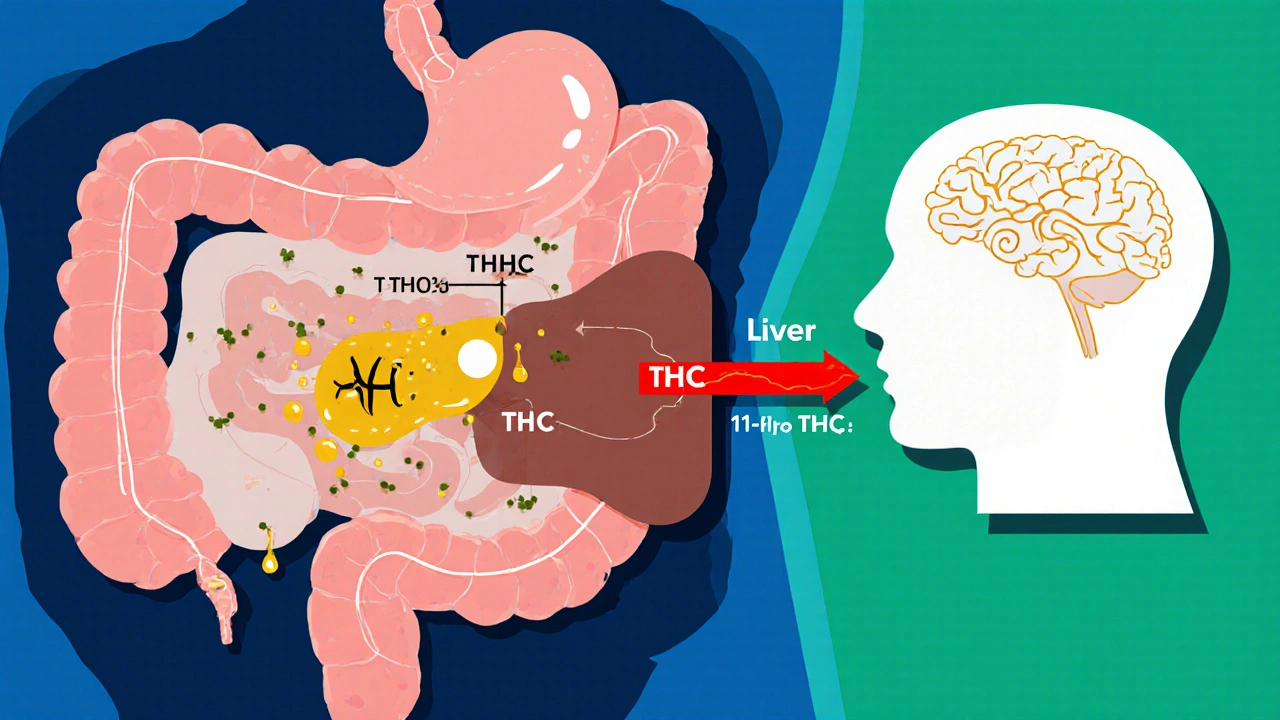 Durchschnittliche Darstellung von Magen, Darm, Leber und Gehirn, die THC zu 11‑Hydroxy‑THC umwandelt.