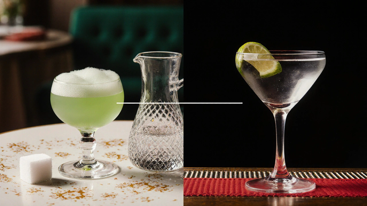 Europe und USA vergleichen Absinth‑Zubereitung: Louche‑Glas neben klarem Glas.