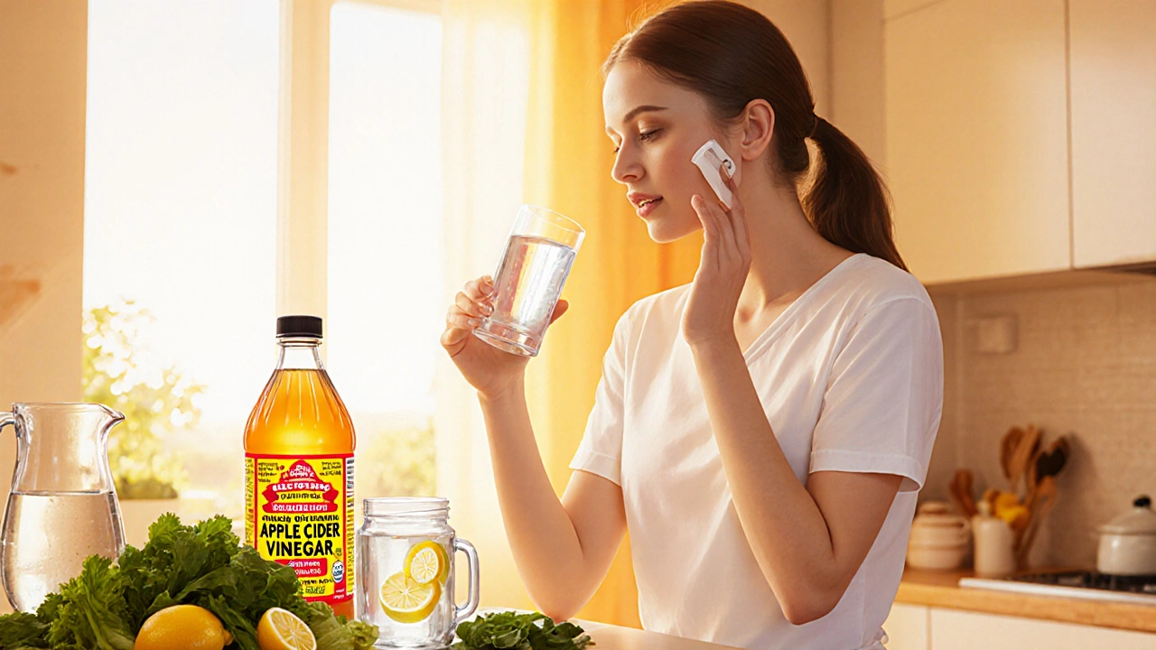 Frau trinkt Apfelessig‑Wasser und benutzt CBD‑Creme, umgeben von gesunden Lebensmitteln.