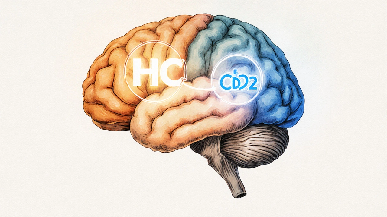 Gehirn mit hervorgehobenen CB1‑ und CB2‑Rezeptoren, an denen HHC‑ bzw. CBD‑Moleküle binden.
