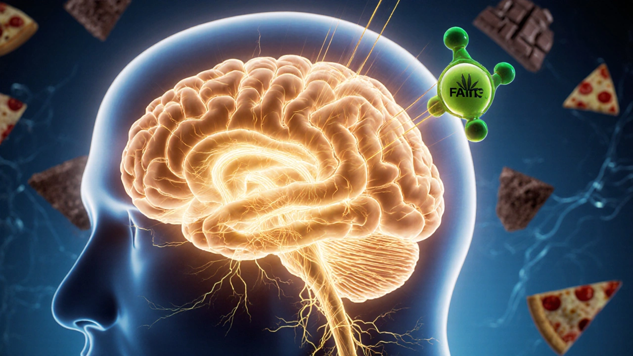 Gehirn mit leuchtenden Nervenbahnen und CBD-Molekülen, die das Hungergefühl regulieren.