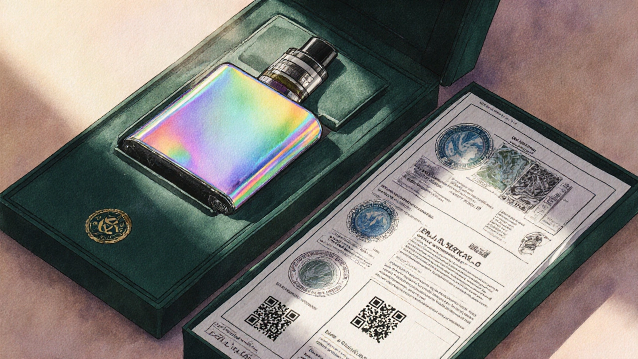 Geöffnete Premium‑Verpackung eines Cannabis‑Carts mit holografischem Siegel und unscharfer Laborzertifikatsseite.