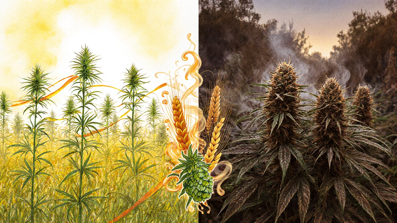 Geteilte Darstellung von hohen Sativa‑Pflanzen und buschigen Indica‑Pflanzen mit Aroma‑Schleiern.