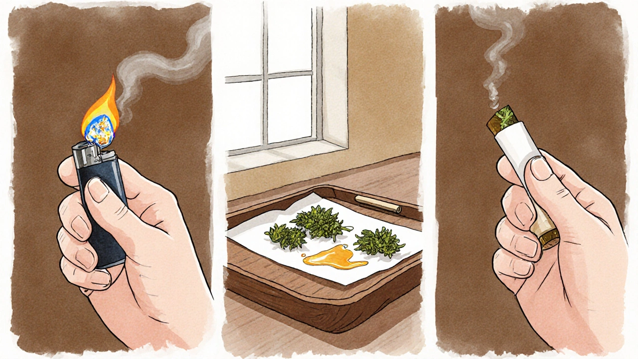 Illustration: Person erhitzt Shatter, träufelt es auf Cannabis im Joint und rollt ihn.