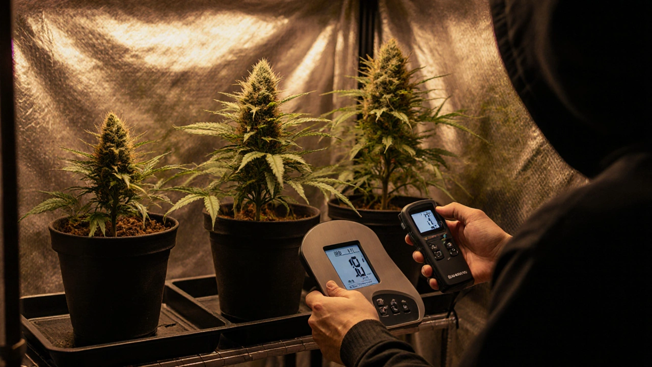 Innenansicht eines Grow‑Zeltes mit 2 L‑, 5 L‑, 10 L‑ und 15 L‑Töpfen, ein Grower wiegt einen Topf.