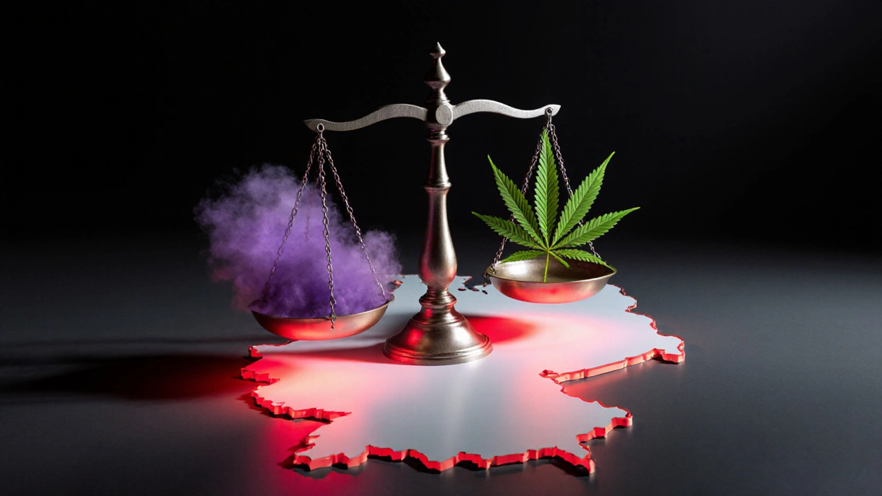 Justizwaage mit THCP‑Dampfwolke und Cannabis‑Blatt über Deutschland, rotes Warnlicht.