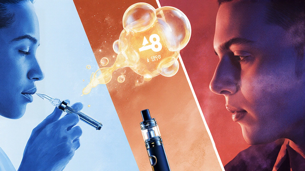 Künstlerische Darstellung des Unterschieds zwischen CBD, Delta-8-THC und Delta-9-THC in drei separaten Szenen.