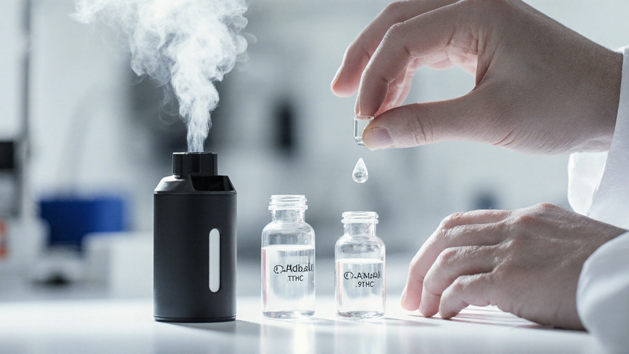 Laborbank mit kleinen THCP‑ und größeren THC‑Proben neben einem Vaporizer.
