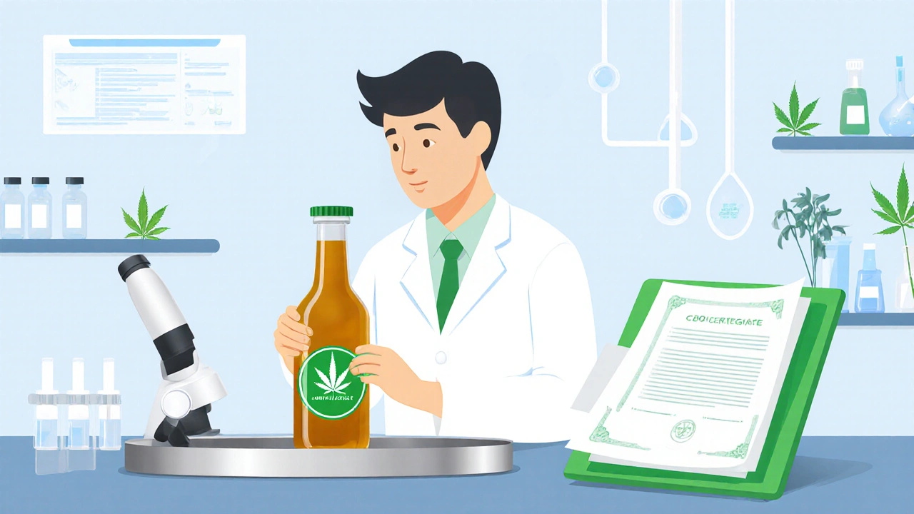 Laborumgebung mit Wissenschaftler, der einen Hanf‑Drink prüft.