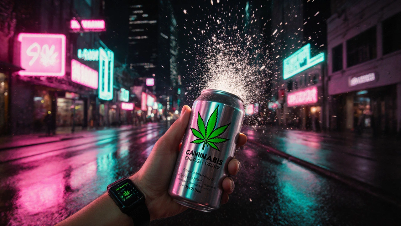Leuchtende Cannabis‑Energy‑Drink‑Dose wird geöffnet, umgeben von neon‑farbenem Stadtbild.