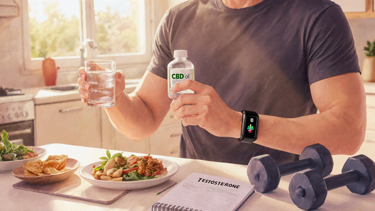 Mann in Küche trinkt Wasser, hält CBD‑Öl, neben gesunder Nahrung und Hanteln für Testosteron‑Optimierung.