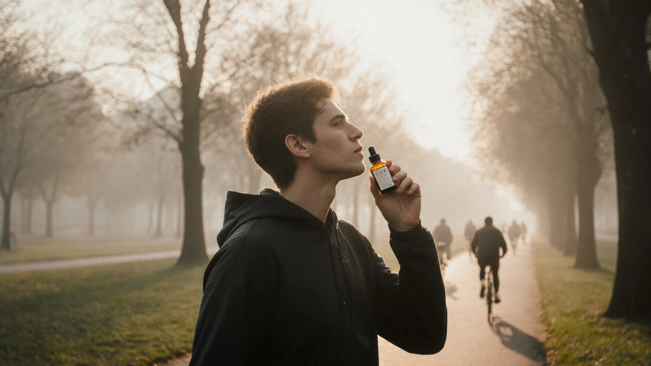 Mensch läuft ruhig durch einen nebligen Park bei dawn, symbolisiert innere Gelassenheit.