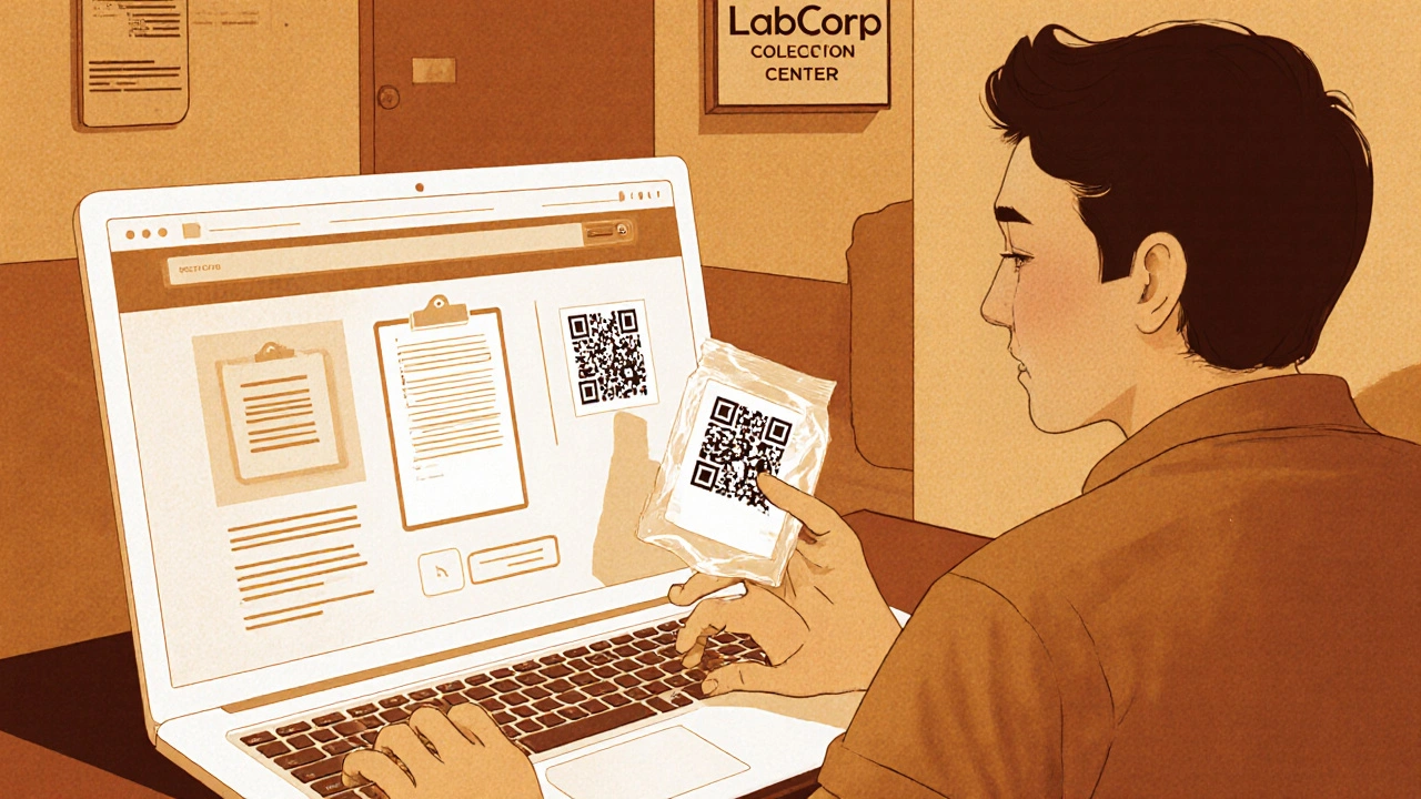 Patient nutzt Online‑Portal, hält QR‑Code und Probenbehälter, Labor im Hintergrund.