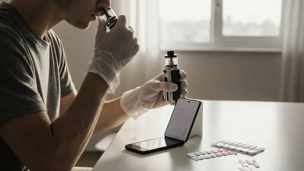 Person führt zu Hause Selbsttest eines Carts durch, riecht, nutzt Test‑Kit und Smartphone.