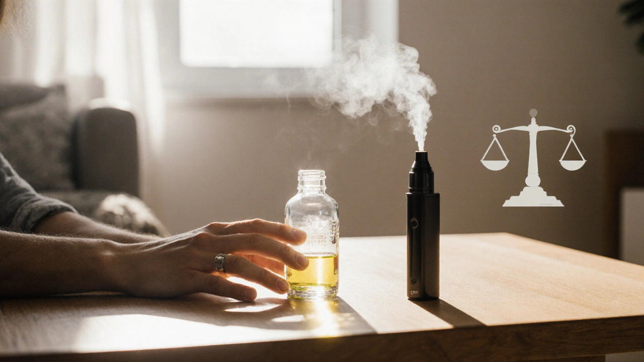 Person hält CBD‑Dropper und HHC‑Vaporizer im Wohnzimmer, Licht durch Fenster, im Hintergrund rechtliche Waage.