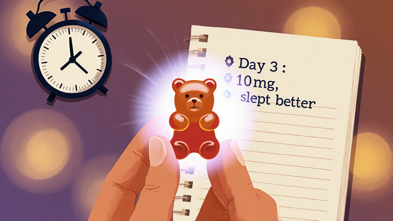 Person hält ein CBD-Gummibärchen, mit 90-Minuten-Uhr und Tagebucheintrag im Hintergrund.