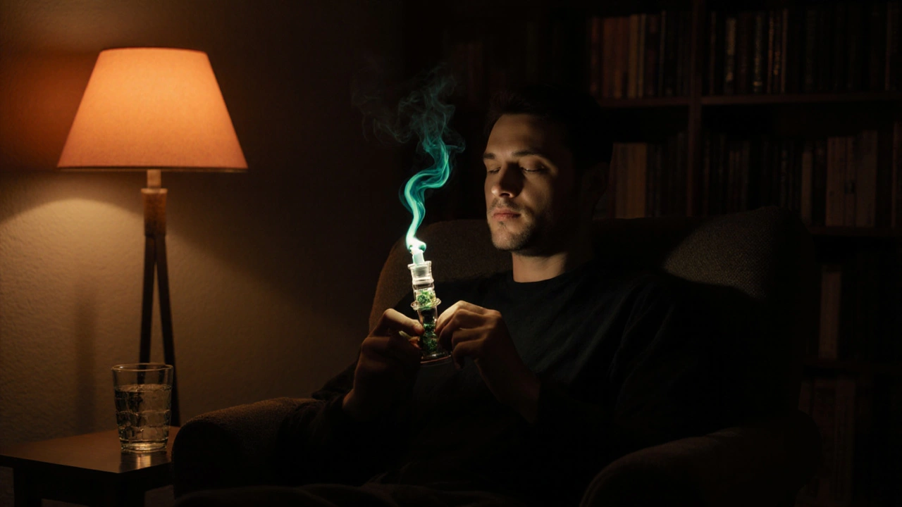 Person in gemütlichem Zimmer inhaliert Joint, warme Beleuchtung, violette Dampfwolke.