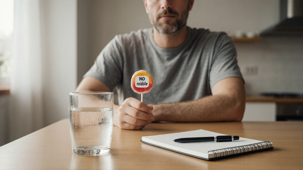 Person misst vorsichtig eine Dosis Lutscher, trinkt Wasser und notiert die Menge.