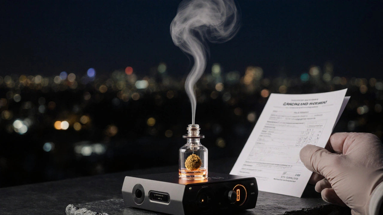 Person verwendet einen Vaporizer, um CBD‑Hash zu inhalieren, umgeben von beruhigender Abendstimmung.