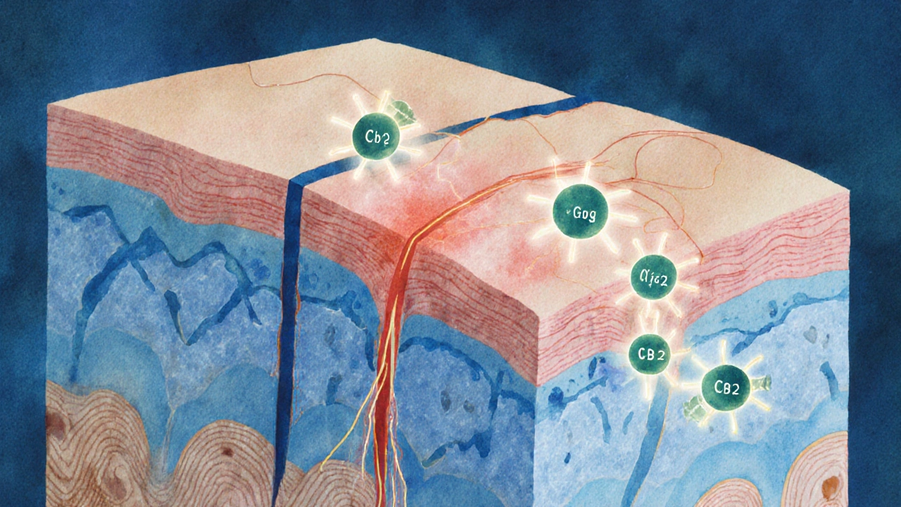 Querschnitt der Haut mit CBG-Molekülen, die Entzündungen reduzieren und CB2-Rezeptoren aktivieren.