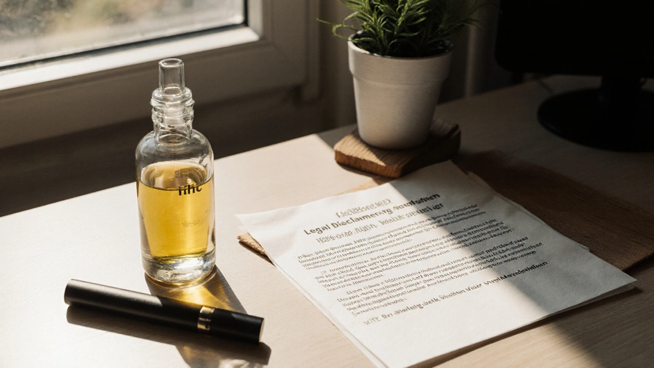 Schreibtisch mit HHC‑Flasche, rechtlichem Hinweisblatt und Vape, von Tageslicht beleuchtet.