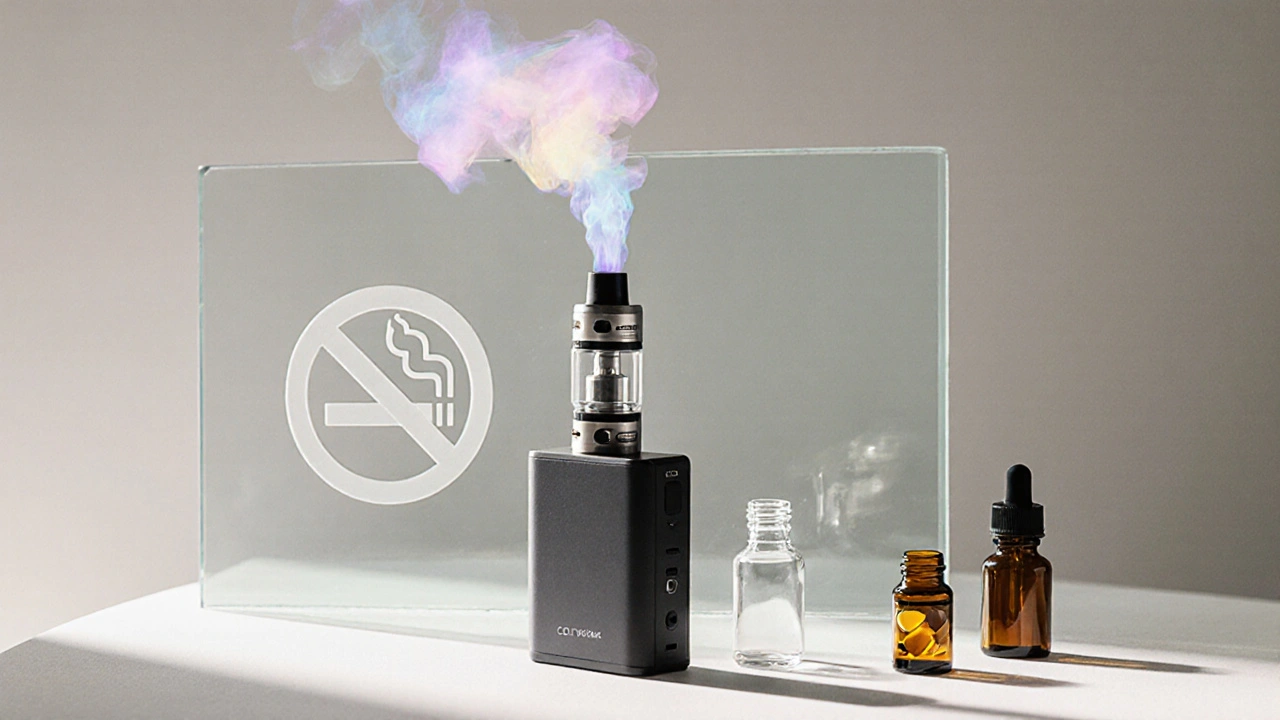 Vaporizer mit CBD‑Öl und Kapseln, sanfter Dampf, Symbol für Rauchverbot.