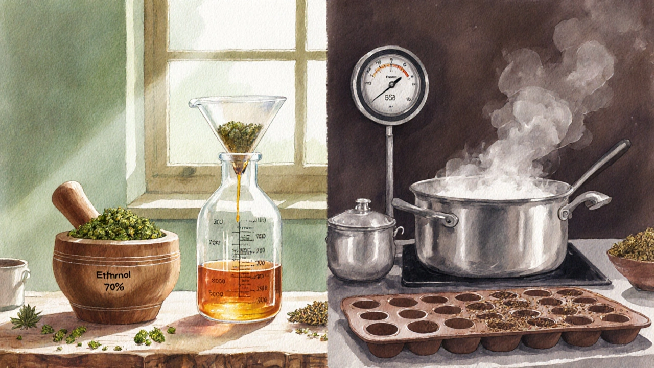 Wasserfarben‑Illustration von Cannabis‑Mazeration in Ethanol und von Öl‑basierten Edibles in einer Küche.
