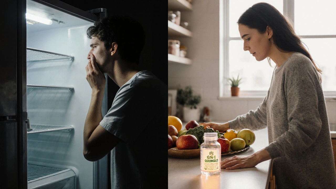 Zwei Szenen: leere Kühlschrank vs. voller Kühlschrank mit frischem Obst, CBD-Crumble dazwischen.