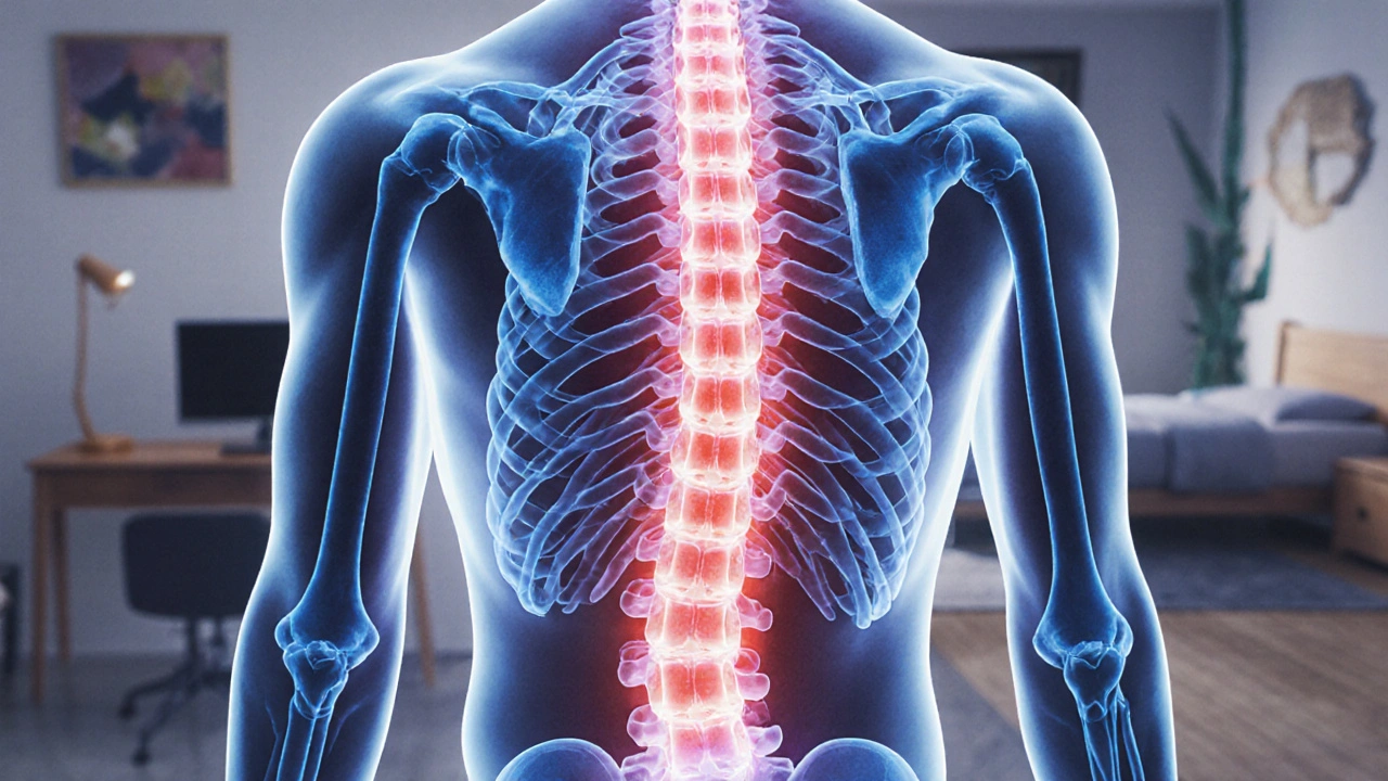 Abstrakte Darstellung der Wirbelsäule mit sanft leuchtenden CBD-Wegen, die Entzündungen lindern und Nerven beruhigen.