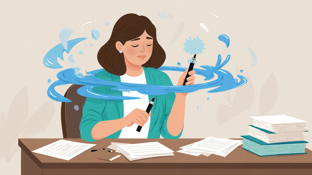 Abstrakte Darstellung von Stress, der durch CBD-Pen in beruhigende Wellen verwandelt wird.