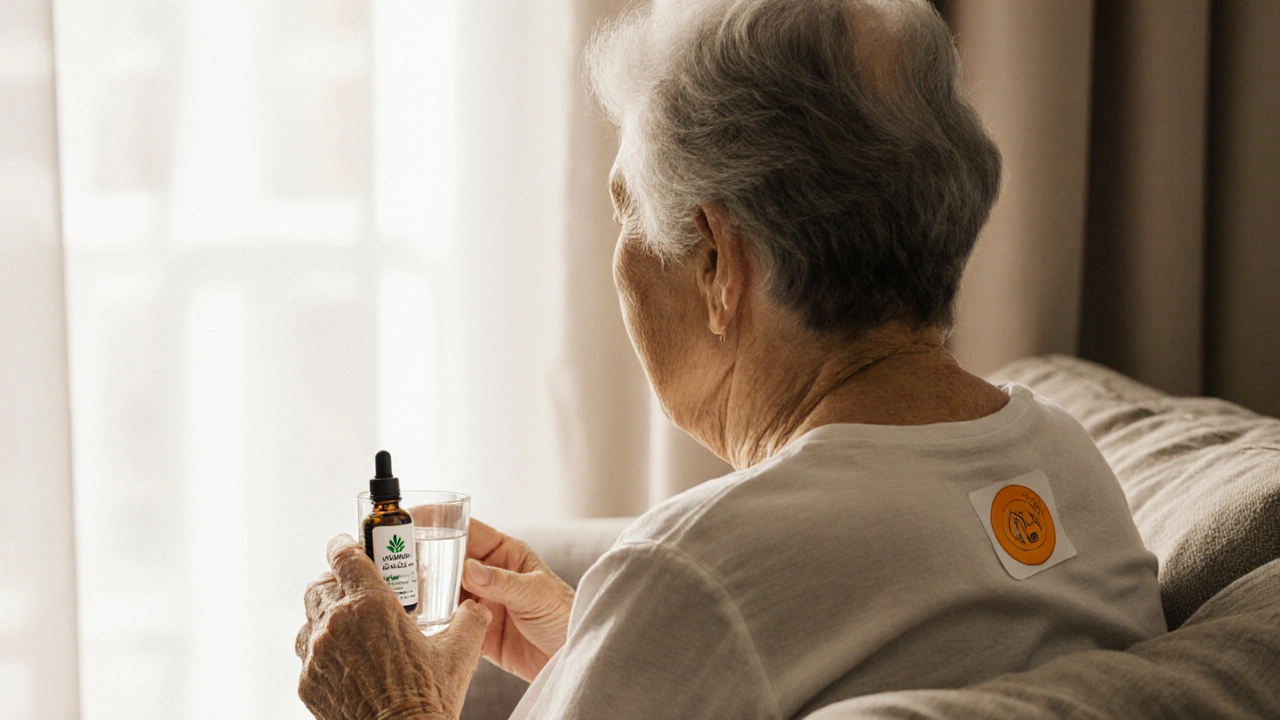 Ältere Frau hält eine CBD-Kapsel und trinkt Wasser, während ein Schmerzpatch am Rücken klebt.