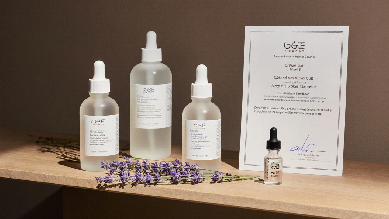 CBG-Pflegeprodukte auf Holzregal mit Labortestzertifikat und CO2-Extrakt, minimalistisch gestaltet.
