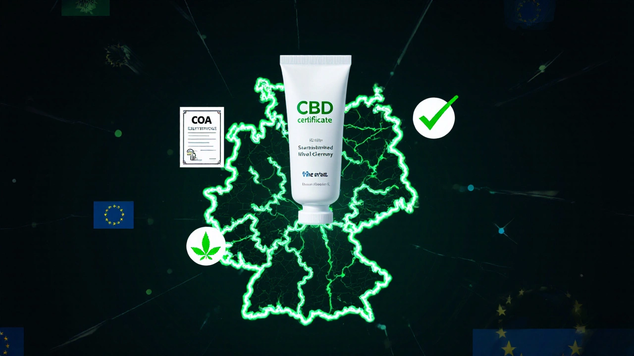 Deutschlandkarte mit CBD-Creme und legalen Kennzeichen in grün.