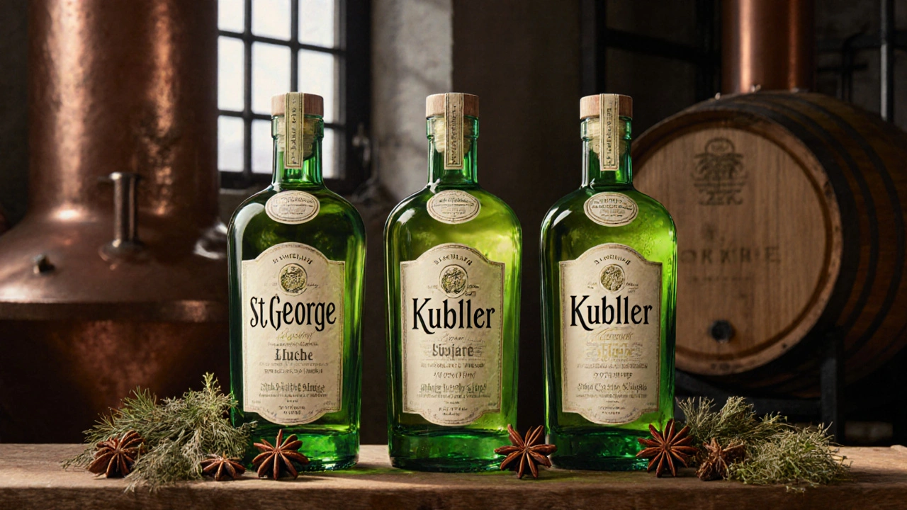 Drei authentische US-Absinth-Flaschen mit natürlichen Kräutern und Destillationsgeräten im Hintergrund.