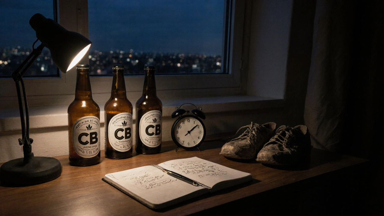 Drei CBD-Bier-Flaschen auf Holztisch bei Nacht, ruhige Abendstimmung.