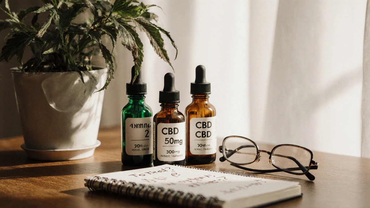 Drei CBD-Fläschchen mit unterschiedlichen Dosen neben einer verwelkten Pflanze.