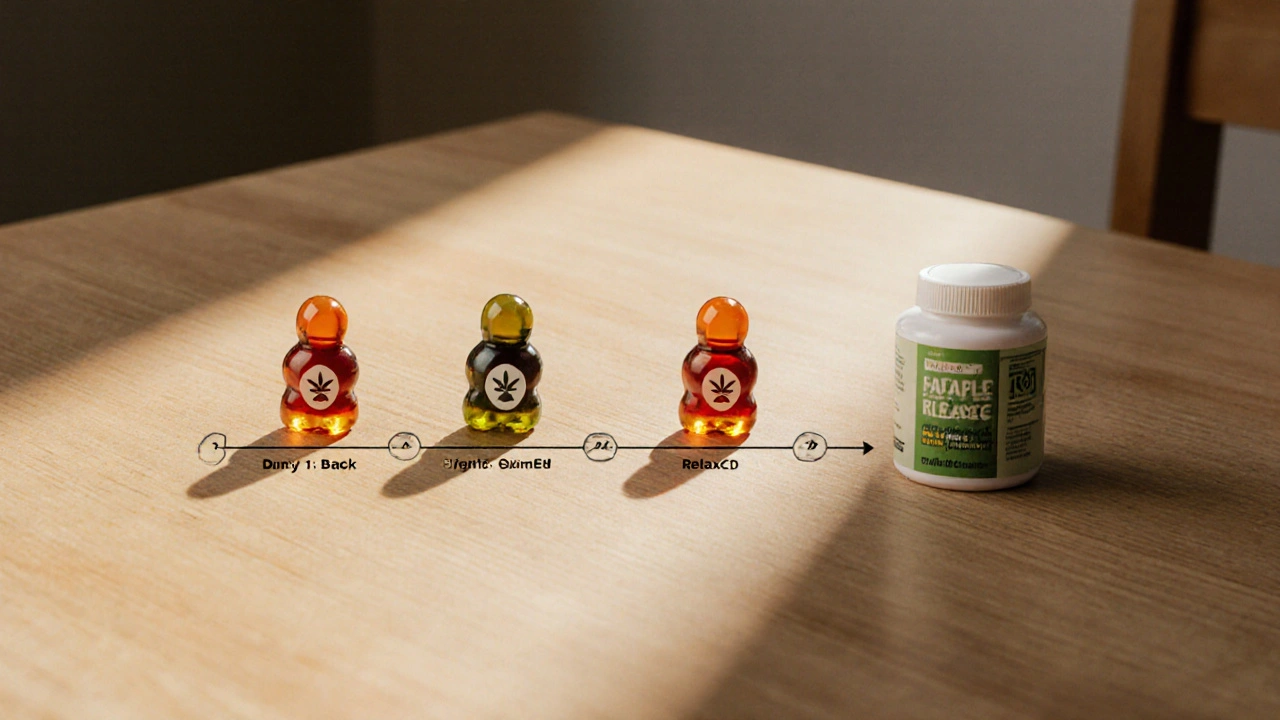 Drei CBD-Gummibärchen auf einem Holztisch markieren den Heilungsverlauf über Tage: steif, leicht beweglich, entspannt.