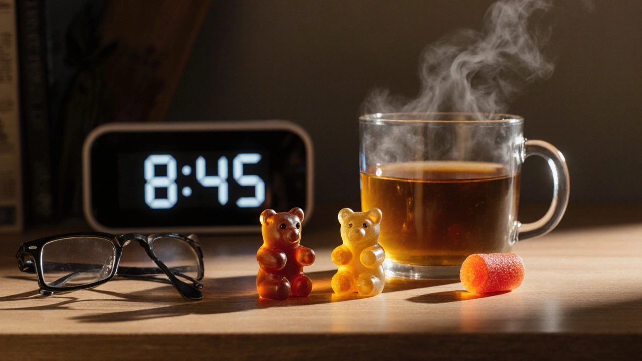 Drei CBD-Gummibärchen auf einer Holzplatte neben einer Uhr und einer Tasse Tee am Abend.