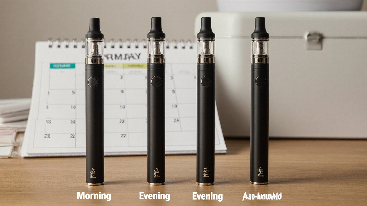 Drei CBD-Pens mit Nutzungsmustern auf einem Tisch, Kalender und Aufbewahrungsbox daneben.