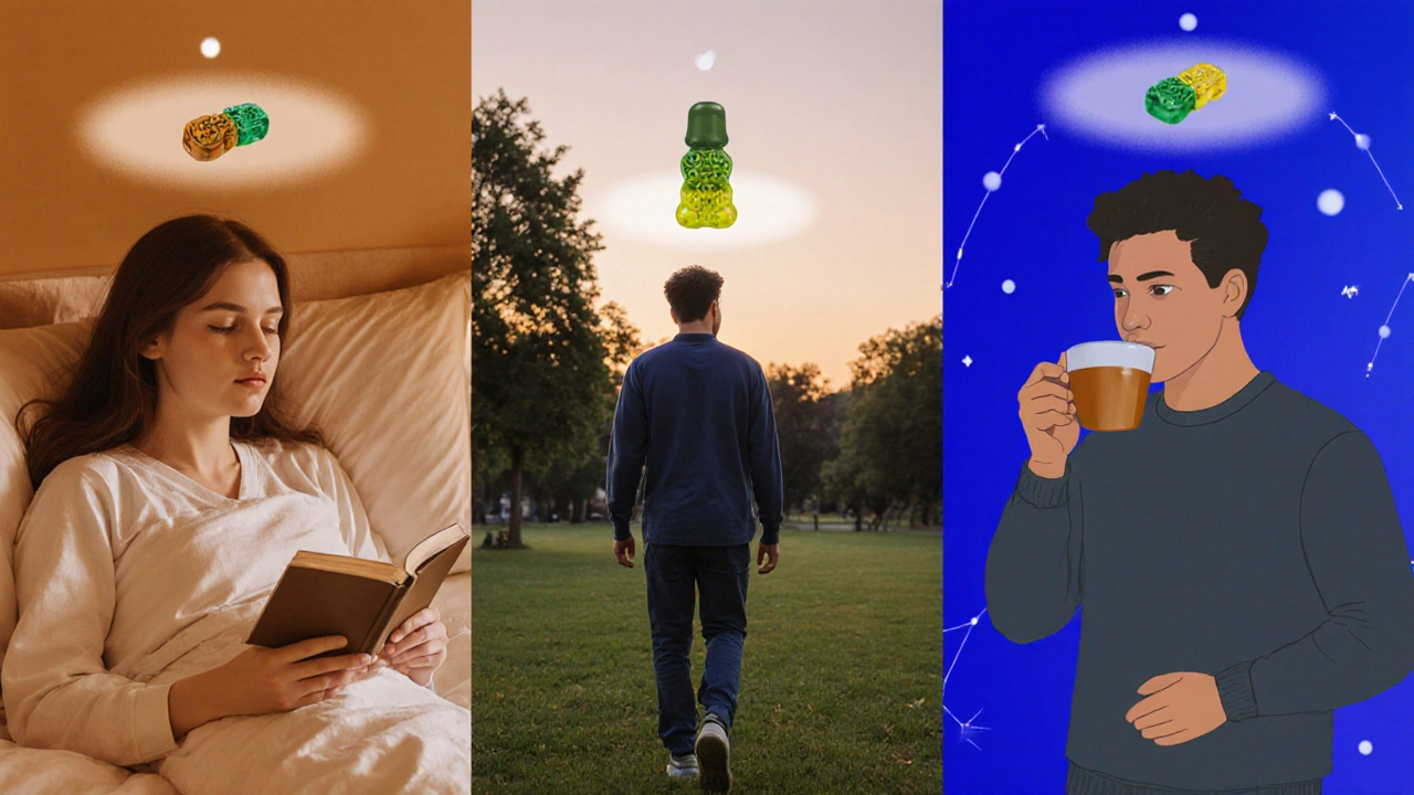 Drei Menschen in abendlichen Szenen, alle mit subtilen CBD-Gummis als Symbol für sanfte Schlafunterstützung.